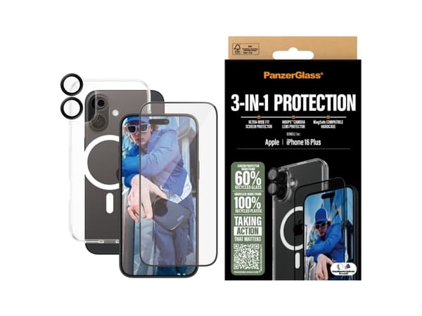PanzerGlass ® 3-in-1-suojapakkaus iPhone 16 Plus, Apple, Apple - iPhone 16 Plus, kuivakäyttöinen, naarmuuntumaton, iskunkestävä, läpinäkyvä, 1 kpl
