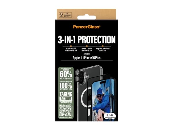 PanzerGlass ® 3-in-1-suojapakkaus iPhone 16 Plus, Apple, Apple - iPhone 16 Plus, kuivakäyttöinen, naarmuuntumaton, iskunkestävä, läpinäkyvä, 1 kpl