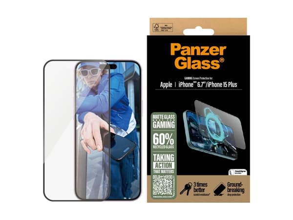 PanzerGlass Gaming - Skjermbeskyttelse for mobiltelefon - ultrabred passform - glass - rammefarge svart - for Apple iPhone 15 Plus, 16 Plus
