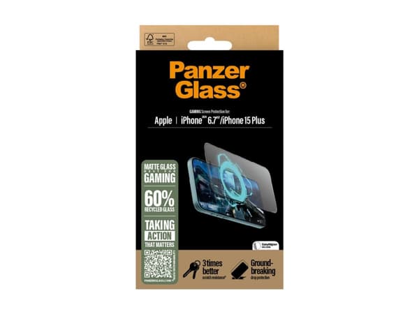 PanzerGlass Gaming - Skjermbeskyttelse for mobiltelefon - ultrabred passform - glass - rammefarge svart - for Apple iPhone 15 Plus, 16 Plus
