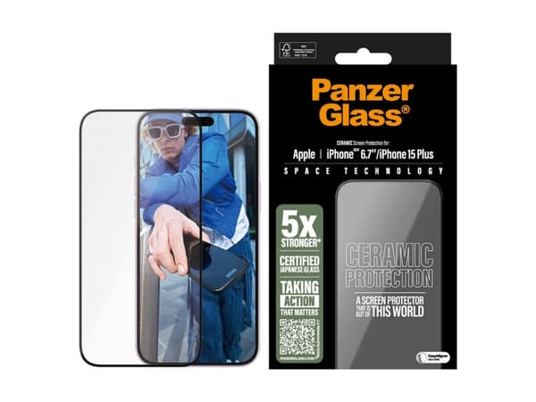 PanzerGlass - Skjermbeskyttelse for mobiltelefon - ultrabred passform - glass - rammefarge svart - for Apple iPhone 15 Plus, 16 Plus