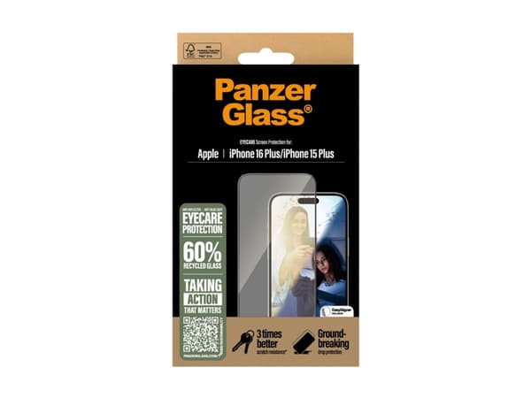 PanzerGlass Eyecare - Skjermbeskyttelse for mobiltelefon - ultrabred passform - glass - rammefarge svart - for Apple iPhone 15 Plus, 16 Plus