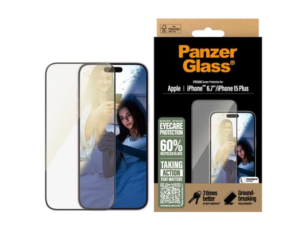 PanzerGlass Eyecare - Skjermbeskyttelse for mobiltelefon - ultrabred passform - glass - rammefarge svart - for Apple iPhone 15 Plus, 16 Plus