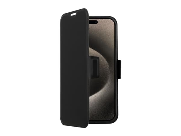 Screenor Clever - Vikbart fodral för mobiltelefon - MagSafe-kompatibilitet - eco-läder, termoplastisk polyuretan (TPU) - svart - för Apple iPhone 16