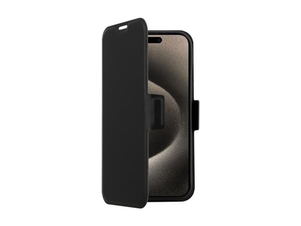 Screenor Clever - Vikbart fodral för mobiltelefon - MagSafe-kompatibilitet - eco-läder, termoplastisk polyuretan (TPU) - svart - för Apple iPhone 16
