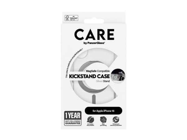 PanzerGlass CARE by ® Feature Case Transparent w. Silver Kickstand & MagSafe iPhone 16, Cover, Apple, Apple - iPhone 16, Transparent