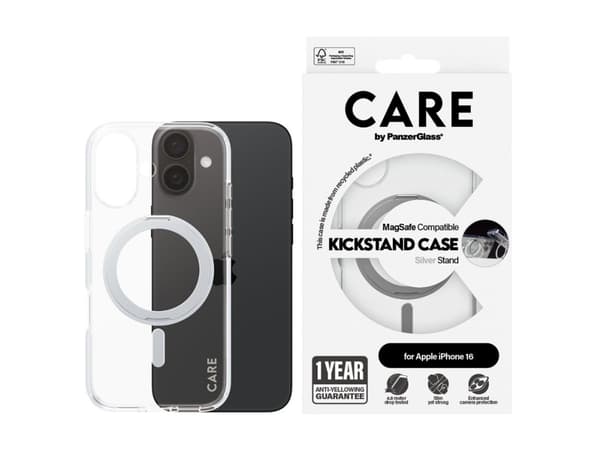 PanzerGlass CARE by ® Feature Case Transparent w. Silver Kickstand & MagSafe iPhone 16, Cover, Apple, Apple - iPhone 16, Transparent