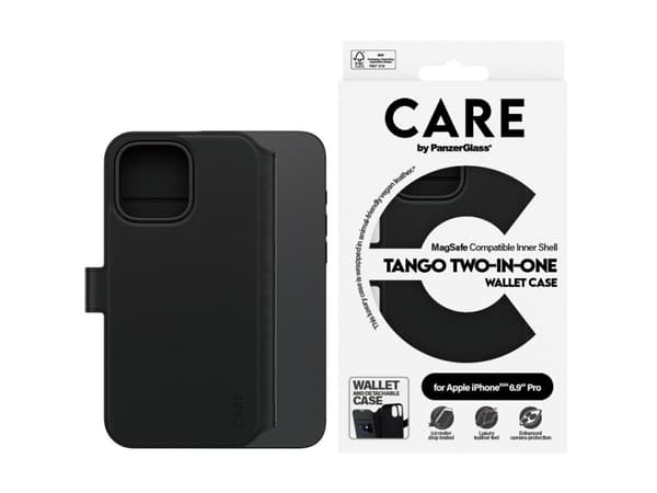PanzerGlass CARE by ® Feature Case Tango Two-in-One Wallet w. MagSafe iPhone 16 Pro Max, Cover, Apple, Apple - iPhone 16 Pro Max, Black