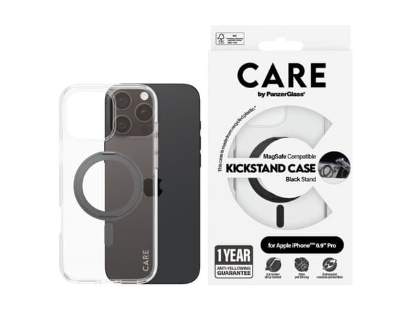 CARE by PanzerGlass - Baksidesskydd för mobiltelefon - MagSafe-kompatibilitet - återvunnen plast - transparent, svart - för Apple iPhone 16 Pro Max