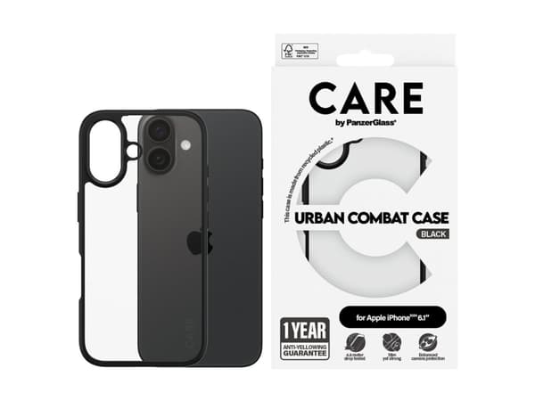 PanzerGlass CARE by ® Flagship Case Transparent Urban Combat w. Black Frame iPhone 16, Cover, Apple, Apple - iPhone 16, Transparent