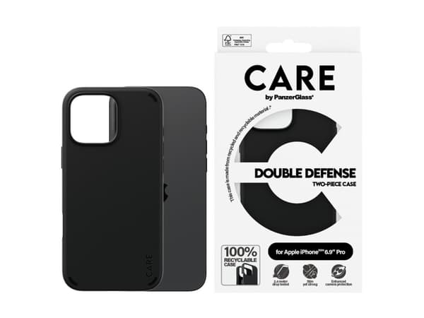CARE by PanzerGlass Double Defense - Baksidesskydd för mobiltelefon - termoplastisk polyuretan (TPU), polykarbonat (PC) - svart - för Apple iPhone 16