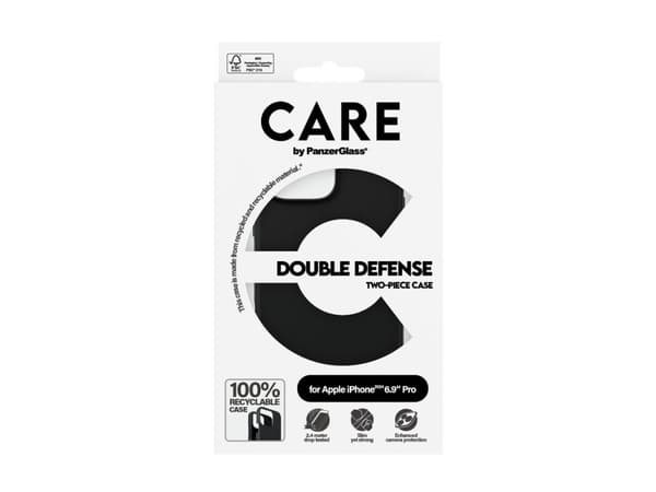CARE by PanzerGlass Double Defense - Baksidesskydd för mobiltelefon - termoplastisk polyuretan (TPU), polykarbonat (PC) - svart - för Apple iPhone 16