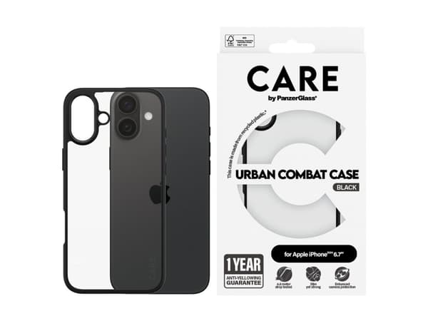 PanzerGlass CARE by ® Flagship Case Transparent Urban Combat w. Black Frame iPhone 16 Plus, Cover, Apple, Apple - iPhone 16 Plus, Transparent