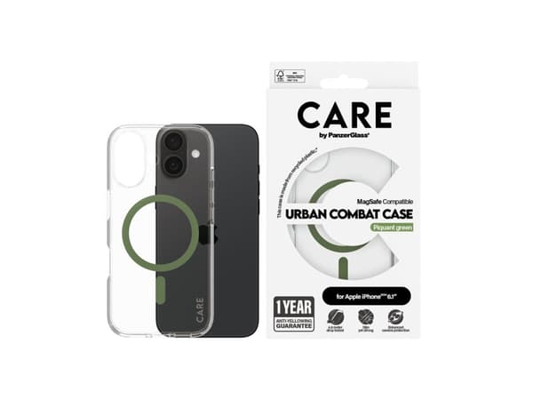 PanzerGlass CARE by ® Flagship Case Transparent Urban Combat w. Green MagSafe iPhone 16, Cover, Apple, Apple - iPhone 16, Transparent