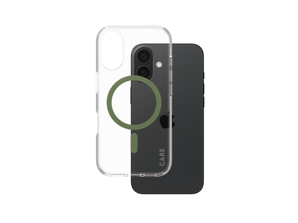 PanzerGlass CARE by ® Flagship Case Transparent Urban Combat w. Green MagSafe iPhone 16, Cover, Apple, Apple - iPhone 16, Transparent