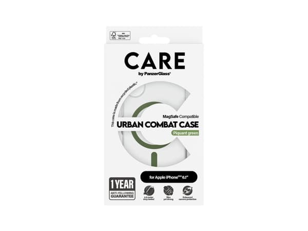 PanzerGlass CARE by ® Flagship Case Transparent Urban Combat w. Green MagSafe iPhone 16, Cover, Apple, Apple - iPhone 16, Transparent