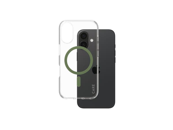PanzerGlass CARE by ® Flagship Case Transparent Urban Combat w. Green MagSafe iPhone 16, Cover, Apple, Apple - iPhone 16, Transparent