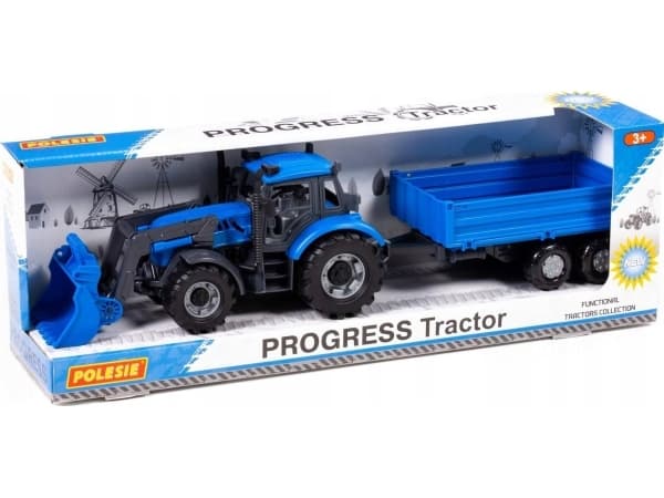 Polesie 91819 Traktori+kuormaaja Progres sininen ja side-by-side-perävaunu