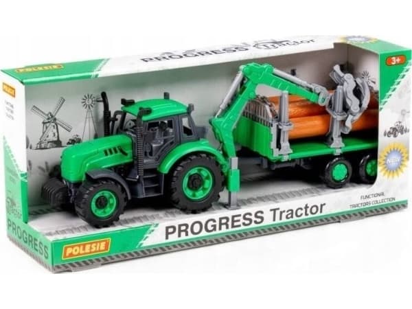 Polesie 96487 Inertial Progress traktor med heis og tilhenger for transport av ved, grønt i boks