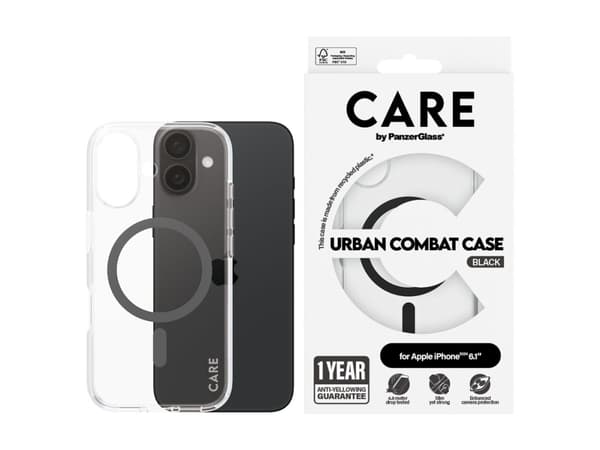 PanzerGlass CARE by ® Flagship Case Transparent Urban Combat w. Black MagSafe iPhone 16, Cover, Apple, Apple - iPhone 16, Transparent