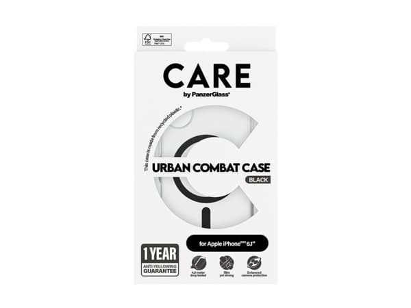 PanzerGlass CARE by ® Flagship Case Transparent Urban Combat w. Black MagSafe iPhone 16, Cover, Apple, Apple - iPhone 16, Transparent