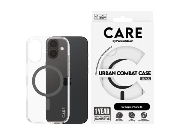 PanzerGlass CARE by ® Flagship Case Transparent Urban Combat w. Black MagSafe iPhone 16, Cover, Apple, Apple - iPhone 16, Transparent