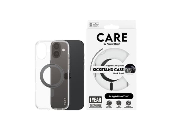 PanzerGlass CARE by ® Feature Case Transparent w. Black Kickstand & MagSafe iPhone 16 Plus, Cover, Apple, Apple - iPhone 16 Plus, Transparent