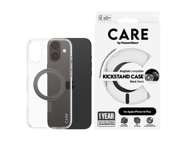PanzerGlass CARE by ® Feature Case Transparent w. Black Kickstand & MagSafe iPhone 16 Plus, Cover, Apple, Apple - iPhone 16 Plus, Transparent