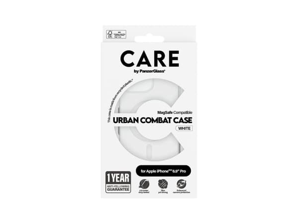 CARE by PanzerGlass Urban Combat - Baksidedeksel for mobiltelefon - MagSafe-samsvar - resirkulert plast - gjennomsiktig, hvit - for Apple iPhone 16 P