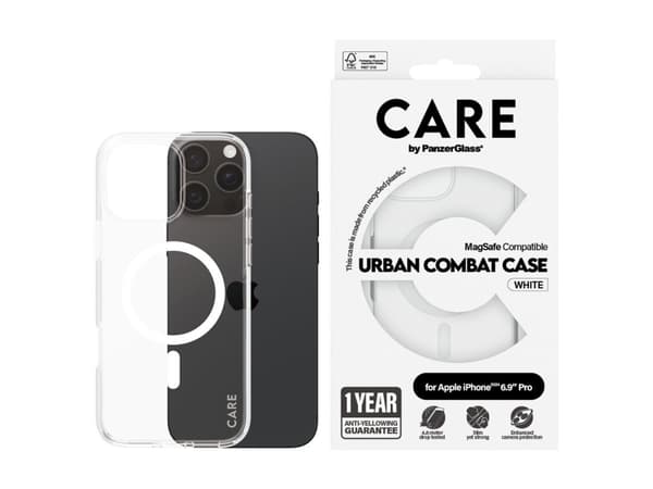 CARE by PanzerGlass Urban Combat - Baksidedeksel for mobiltelefon - MagSafe-samsvar - resirkulert plast - gjennomsiktig, hvit - for Apple iPhone 16 P