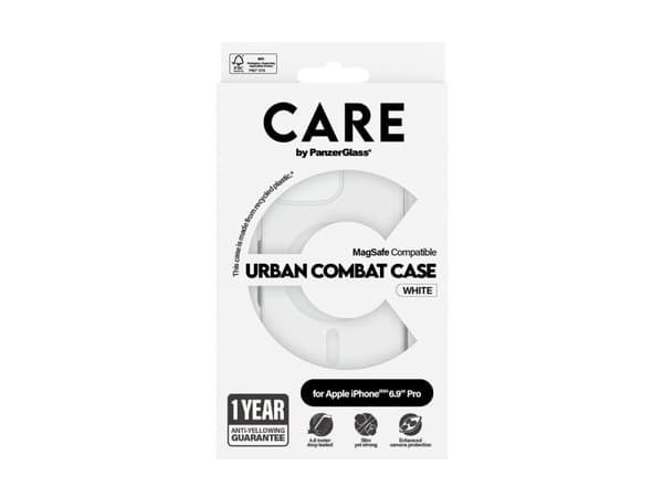 CARE by PanzerGlass Urban Combat - Baksidedeksel for mobiltelefon - MagSafe-samsvar - resirkulert plast - gjennomsiktig, hvit - for Apple iPhone 16 P