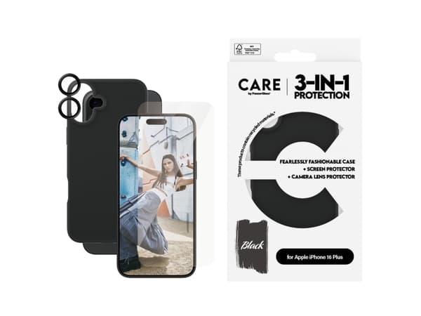 CARE by PanzerGlass - Baksidedeksel for mobiltelefon - 3-i-1 - plastikk - svart - med skjerm- og linsebeskytter - for Apple iPhone 16 Plus
