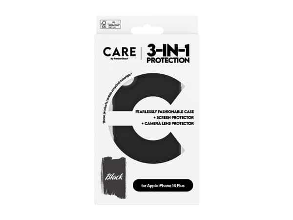 CARE by PanzerGlass - Baksidedeksel for mobiltelefon - 3-i-1 - plastikk - svart - med skjerm- og linsebeskytter - for Apple iPhone 16 Plus