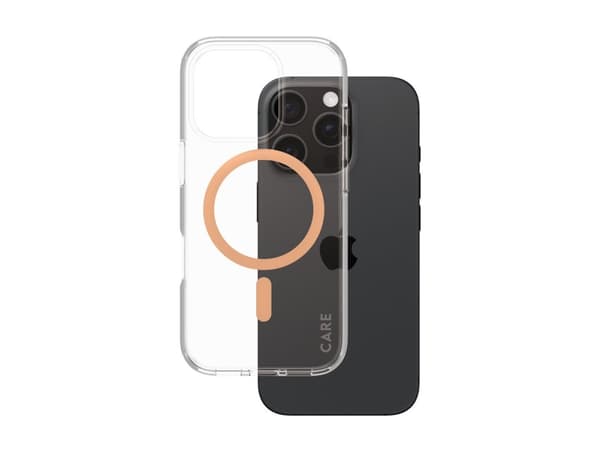 CARE by PanzerGlass - Baksidesskydd för mobiltelefon - MagSafe-kompatibilitet - återvunnen plast - persikofärgad, klar - för Apple iPhone 16 Pro