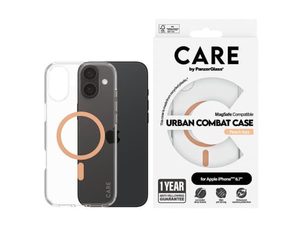 PanzerGlass CARE by ® Flagship Case Transparent Urban Combat w. Peachy MagSafe iPhone 16 Plus, Cover, Apple, Apple - iPhone 16 Plus, Transparent