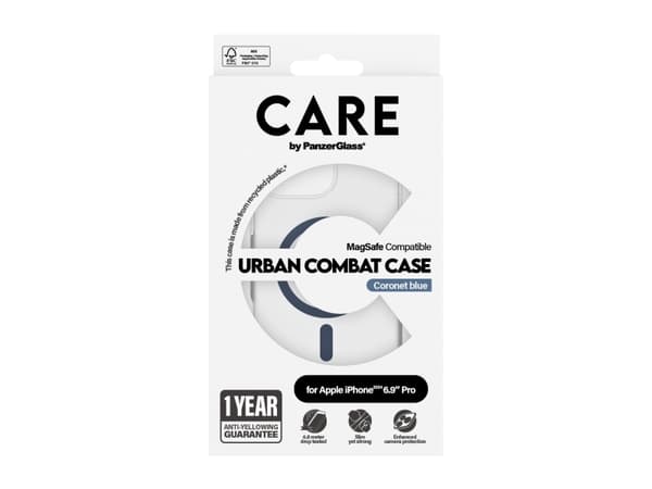 PanzerGlass CARE by ® Flagship Case Transparent Urban Combat w. Blue MagSafe iPhone 16 Pro Max, Cover, Apple, Apple - iPhone 16 Pro Max, Transparent