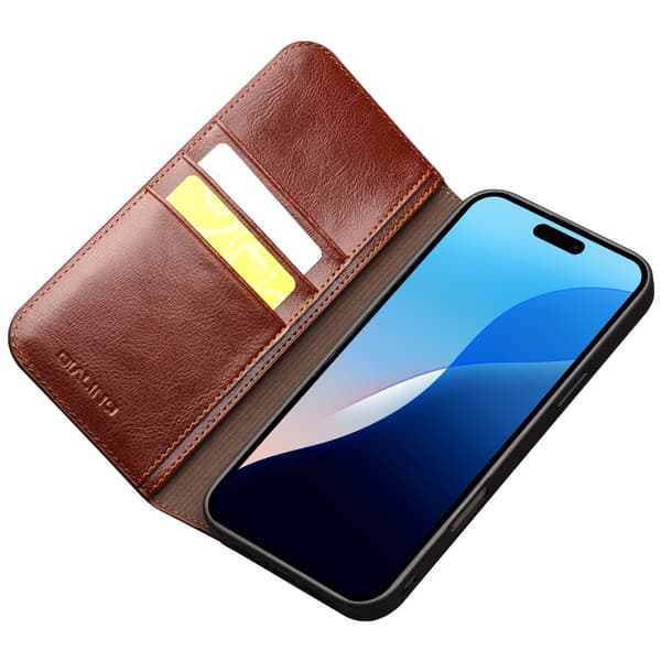 Qialino Leather Wallet Case iPhone 16 Pro Max Brown