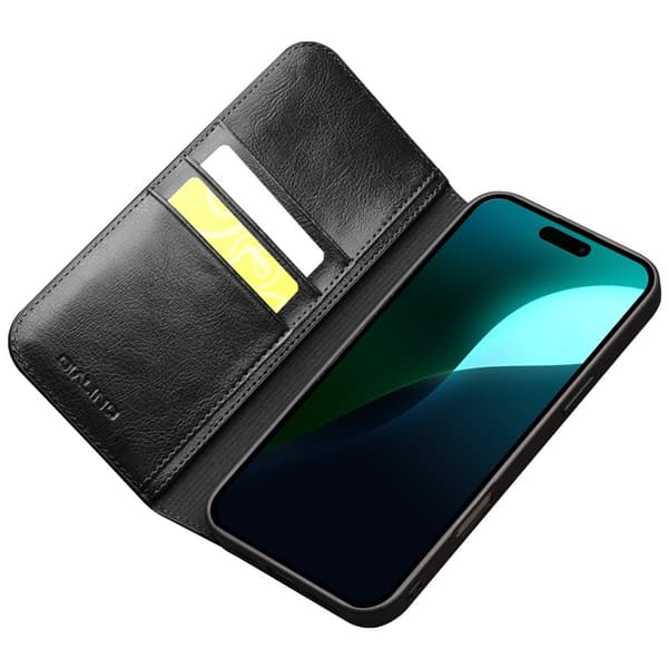 Qialino Leather Wallet Case iPhone 16 Black