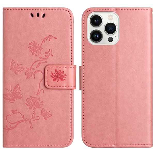 Läderfodral Fjärilar iPhone 16 Pro Rosa