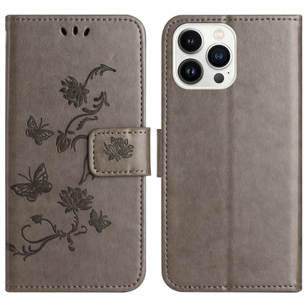 Läderfodral Fjärilar iPhone 16 Pro Grå