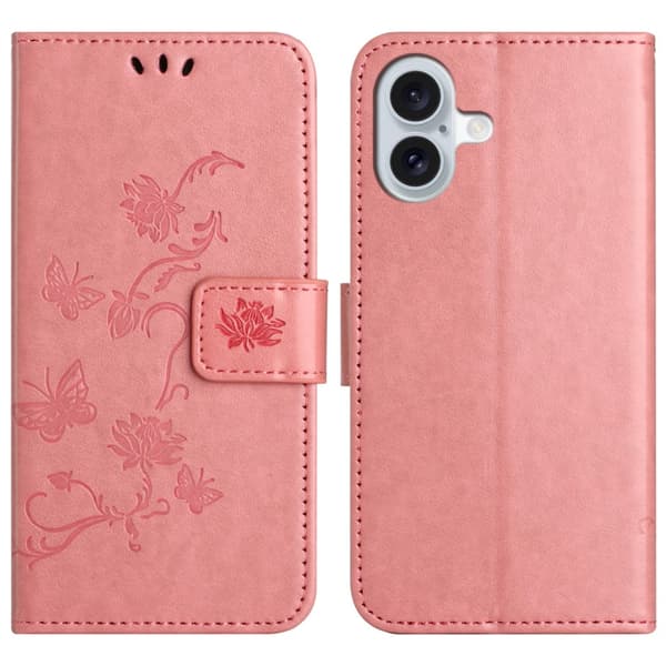 Läderfodral Fjärilar iPhone 16 Rosa