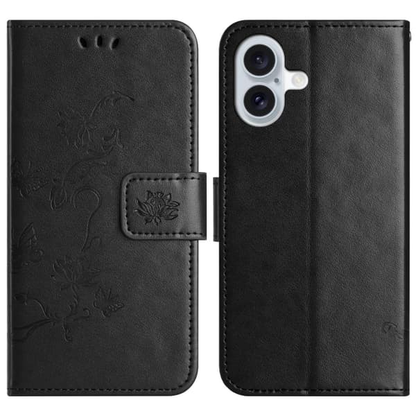 Läderfodral Fjärilar iPhone 16 Plus Svart