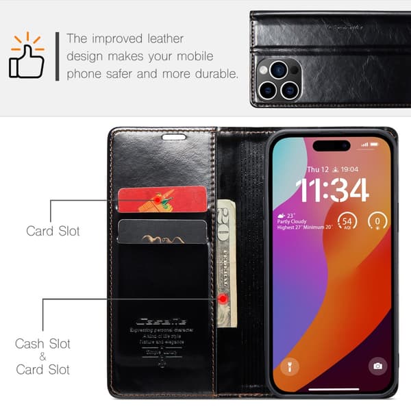 CaseMe Läderfodral iPhone 16 Pro Svart