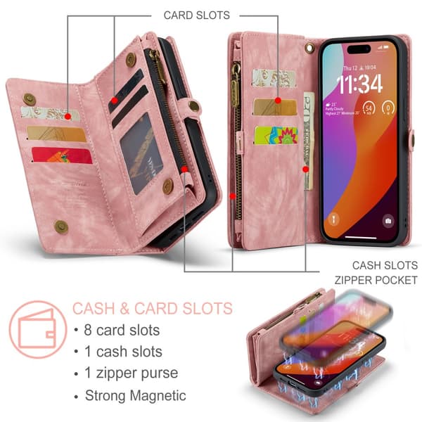 CaseMe Multi-Slot 2 i 1 Plånboksfodral iPhone 16 Pro Max Rosa