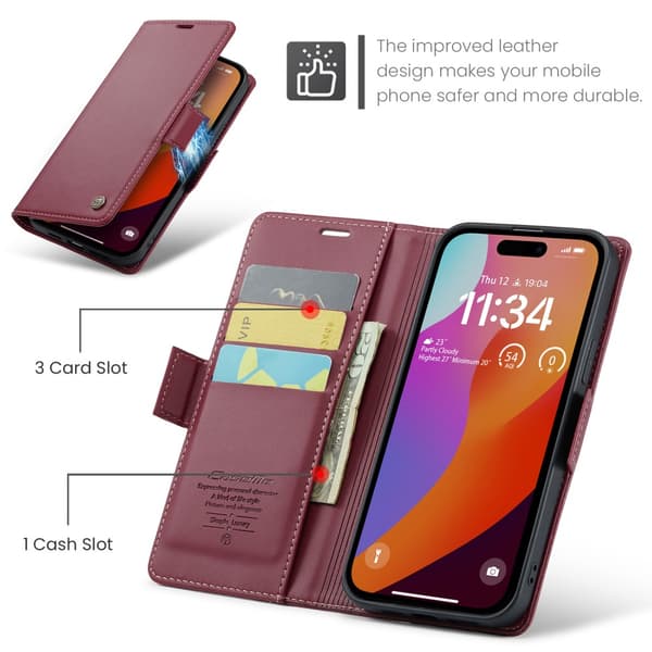 CaseMe Slim Plånboksfodral RFID-skydd iPhone 16 Pro Röd