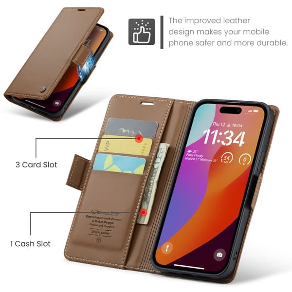 CaseMe Slim Plånboksfodral RFID-skydd iPhone 16 Pro Brun