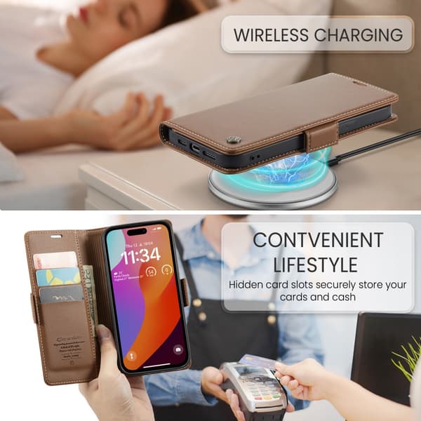 CaseMe Slim Plånboksfodral RFID-skydd iPhone 16 Pro Brun
