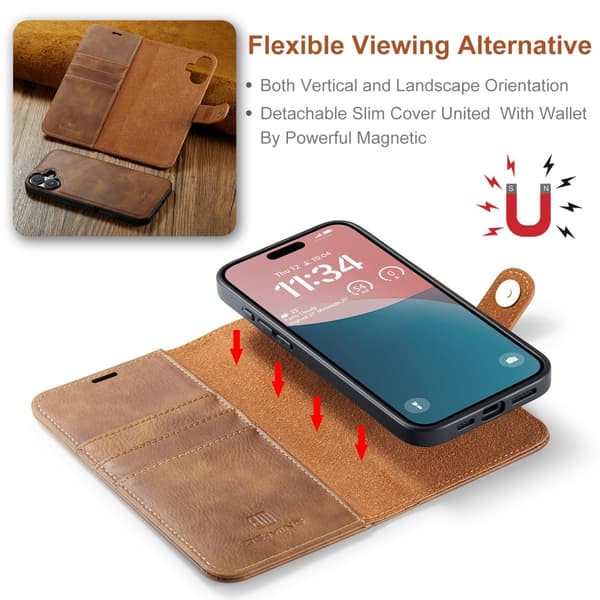 DG.MING 2-in-1 Magnet Wallet iPhone 16 Plus Cognac