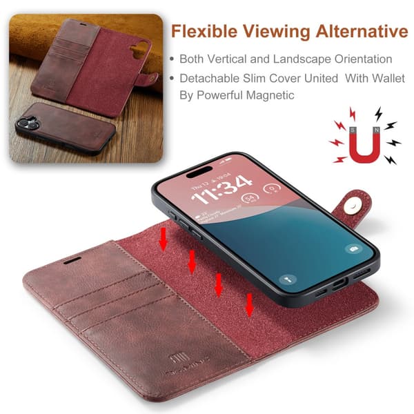 DG.MING 2-in-1 Magnet Wallet iPhone 16 Plus Red