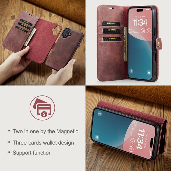 DG.MING 2-in-1 Magnet Wallet iPhone 16 Plus Red